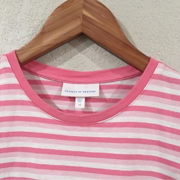 Rockets of Awesome Girl Sz 12 Stripe Pink & White Dress 100% Cotton Drop Waist - Picture 2 of 11